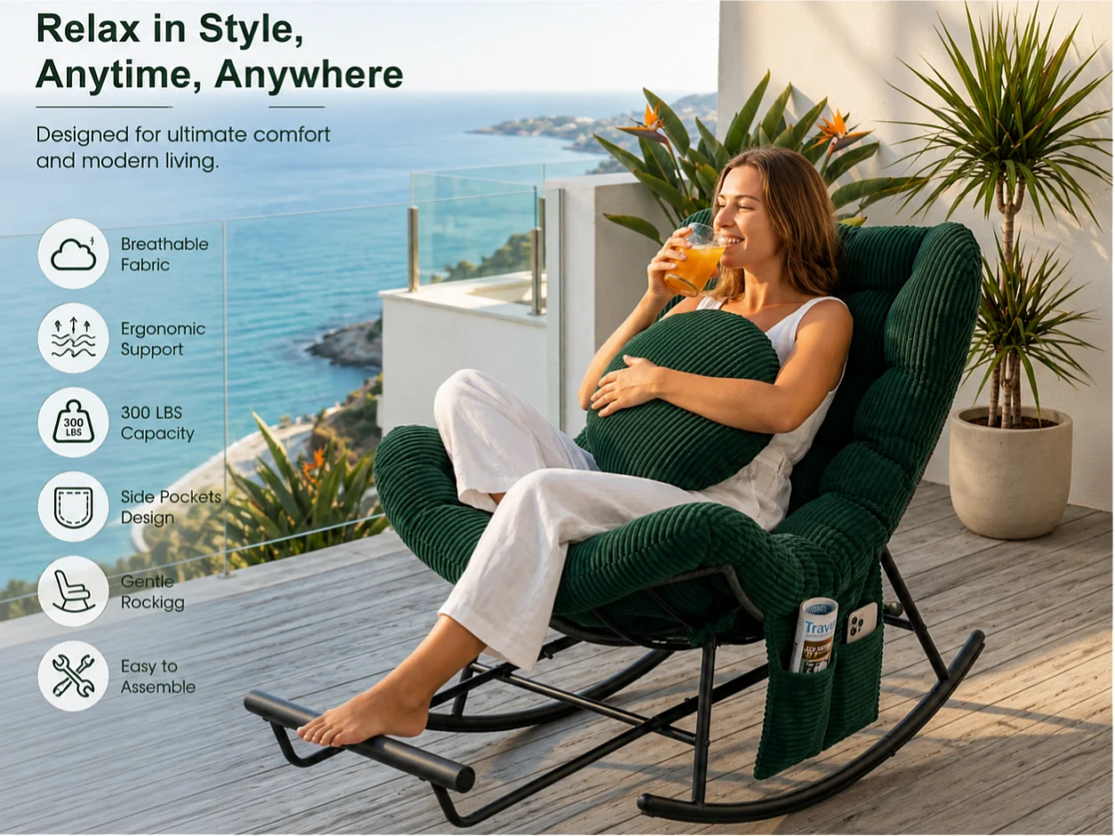 Cocon Pro - Rockingchair avec Repose-Pieds Rétractable - Siège Large et Coussin Offert - 115kg - Pour Jardin, Terrasse, Salon