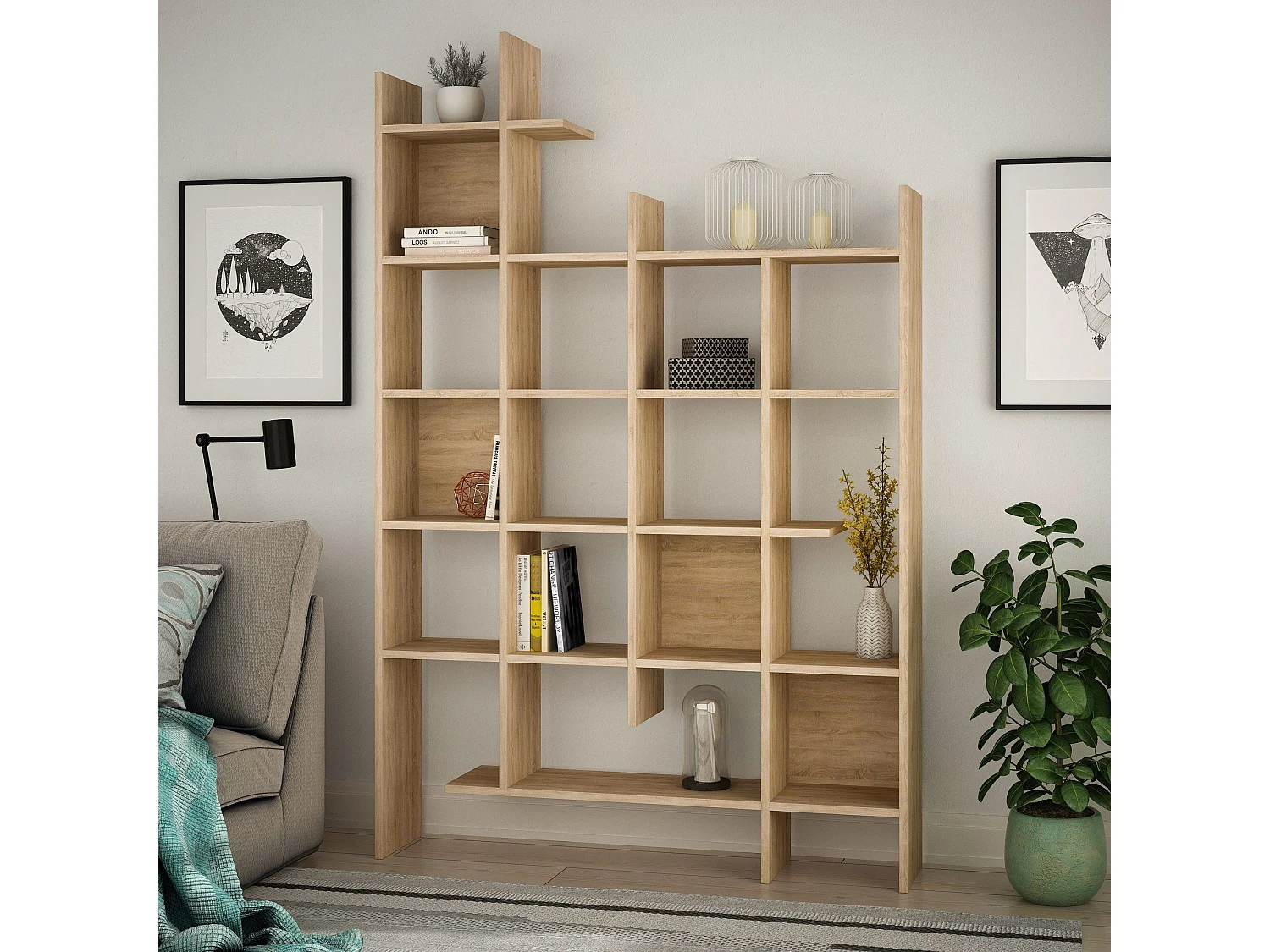 Boekenkast van eikenhout "Manco" 122x25x188 cm, 15 planken, modern en robuust design