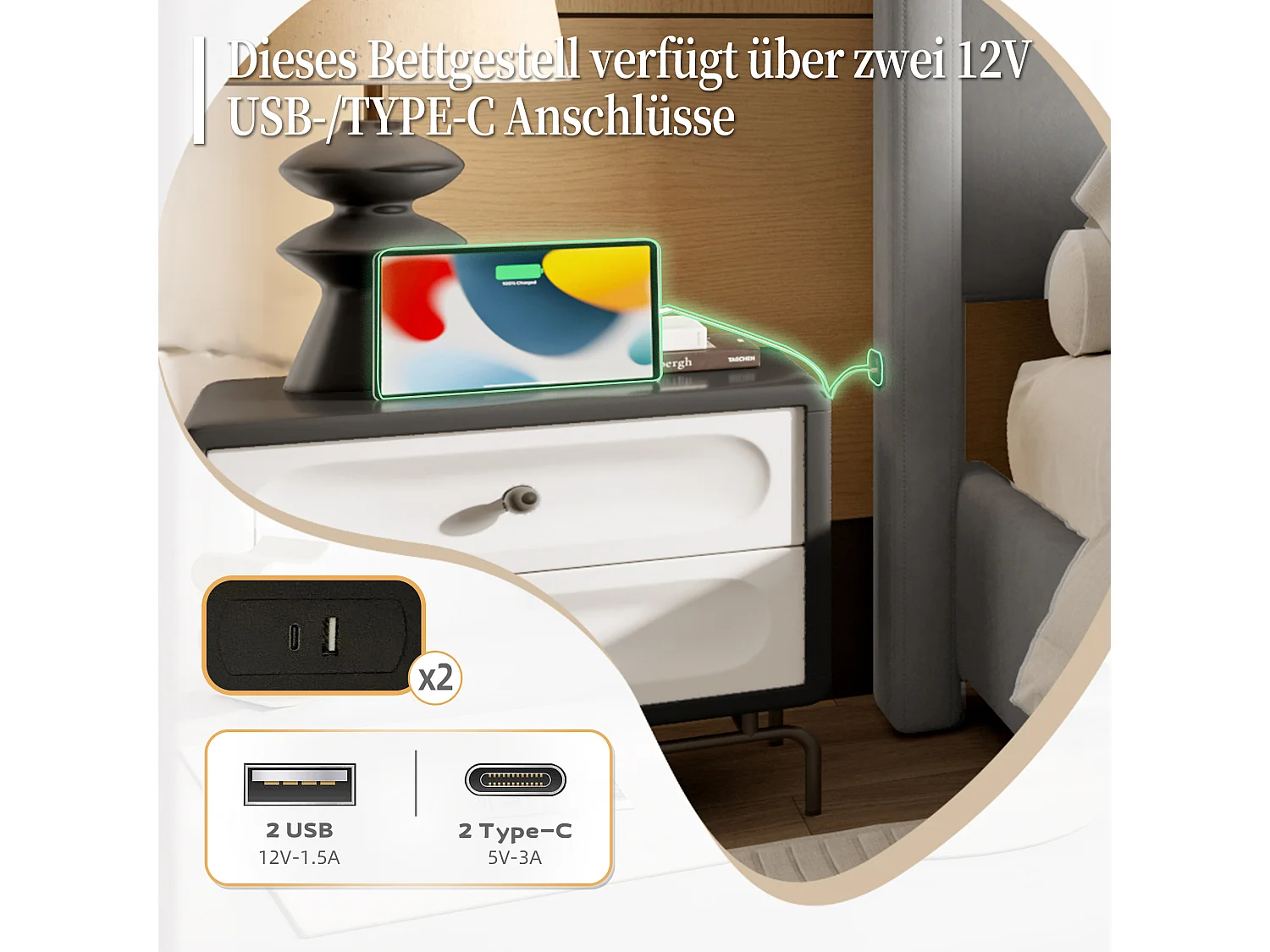 Lit Rembourré 140×190 cm Velours Gris– Grand Tête de Lit - avec LED – Ports USB/USB‑C – Style Contemporain