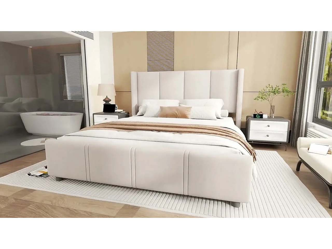 Lit Rembourré 140×190 cm Velours Beige – Grand Tête de Lit - avec LED – Ports USB/USB‑C – Style Contemporain