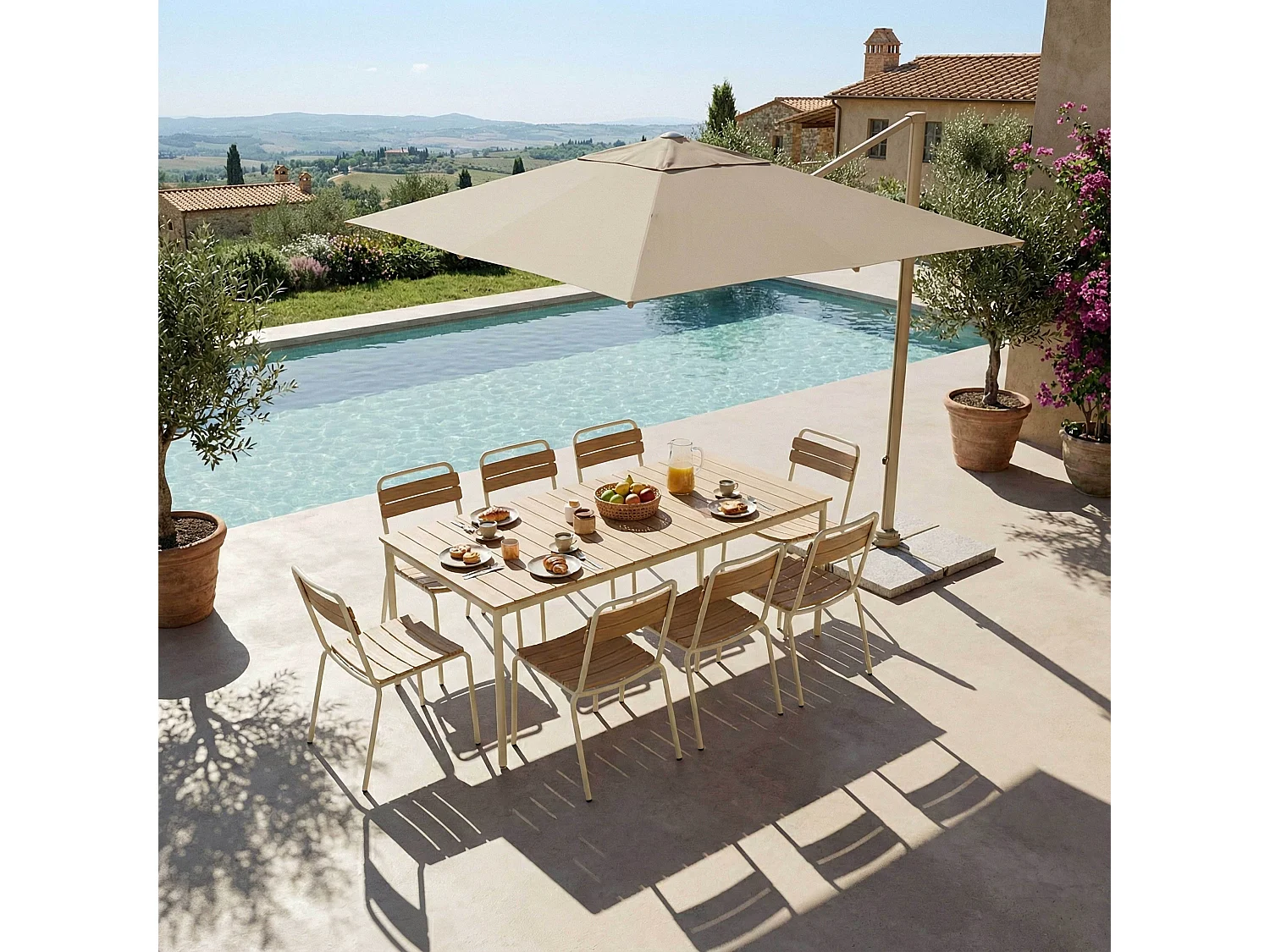 Table de jardin 180x90 cm en métal et bois crème