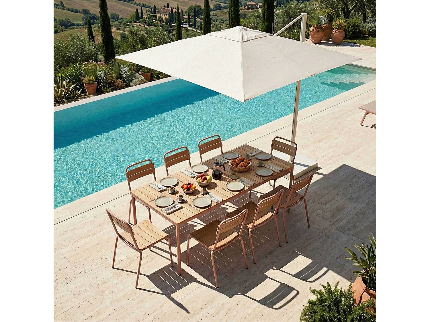 Table de jardin 180x90 cm en métal et bois marron