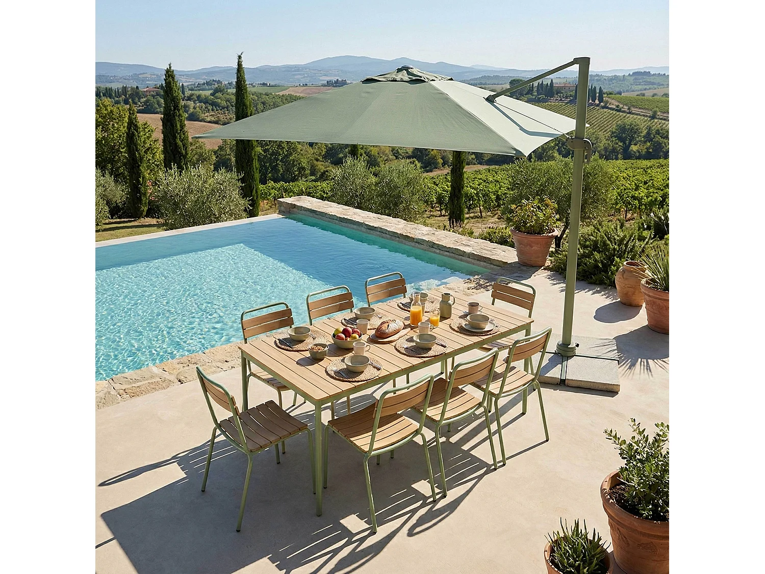 Table de jardin 180x90 cm en métal et bois vert