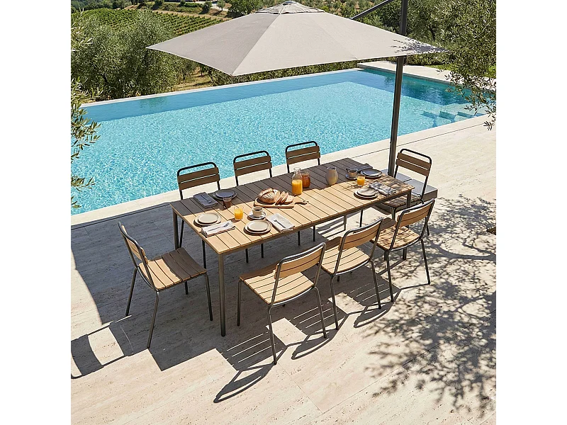 Table de jardin 180x90 cm en métal et bois gris