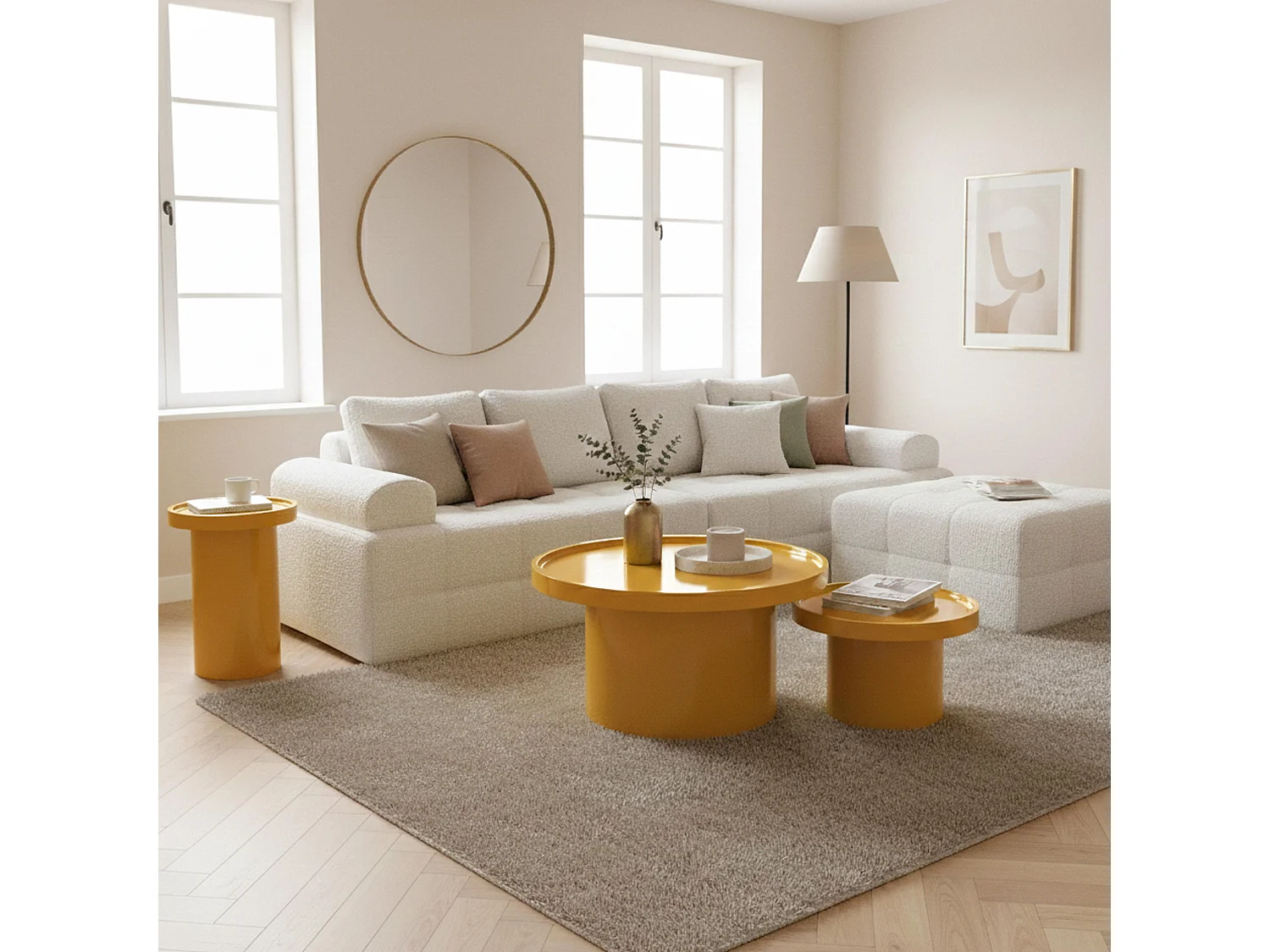 Lot de 3 tables basses rondes en MDF effet laqué jaune