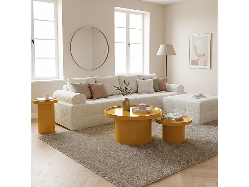 Lot de 3 tables basses rondes en MDF effet laqué jaune