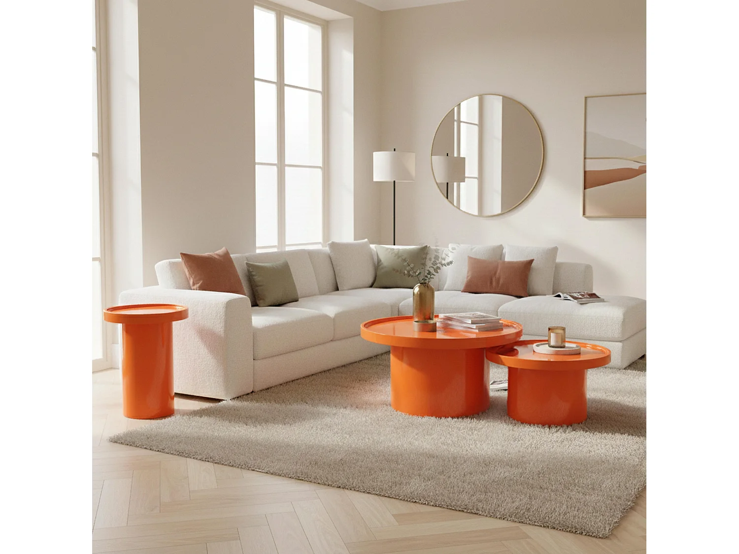 Lot de 3 tables basses rondes en MDF effet laqué orange