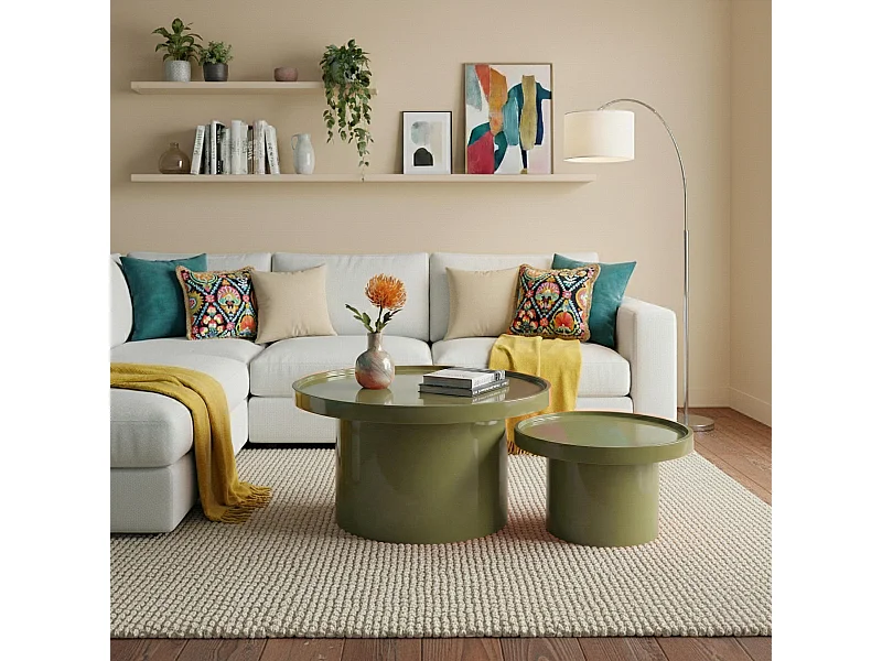 Lot de 2 tables basses rondes en MDF effet laqué vert olive