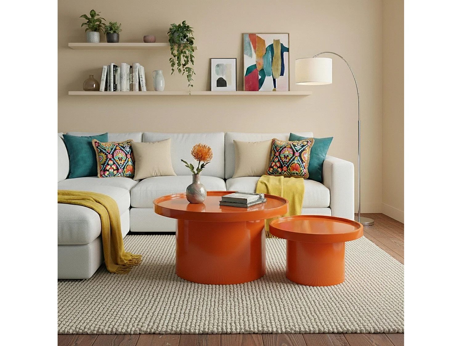 Lot de 2 tables basses rondes en MDF effet laqué orange