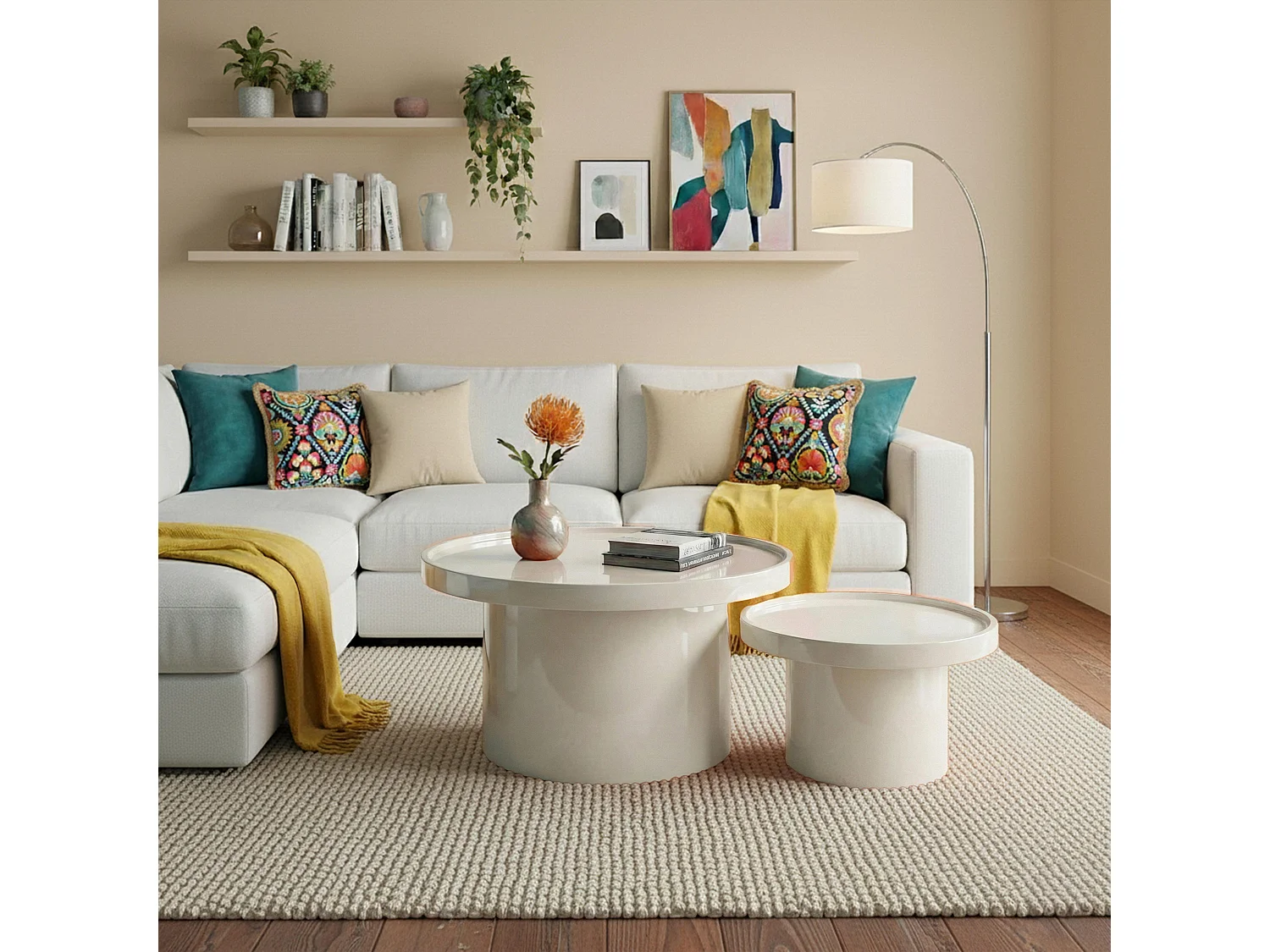 Lot de 2 tables basses rondes en MDF effet laqué blanc