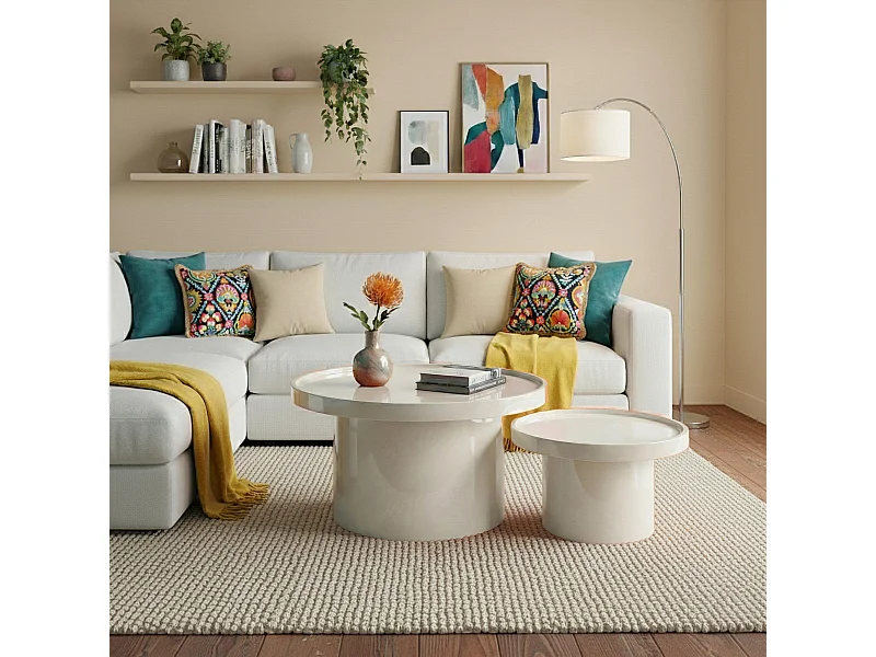 Set van 2 ronde salontafels van MDF met wit gelakt effect