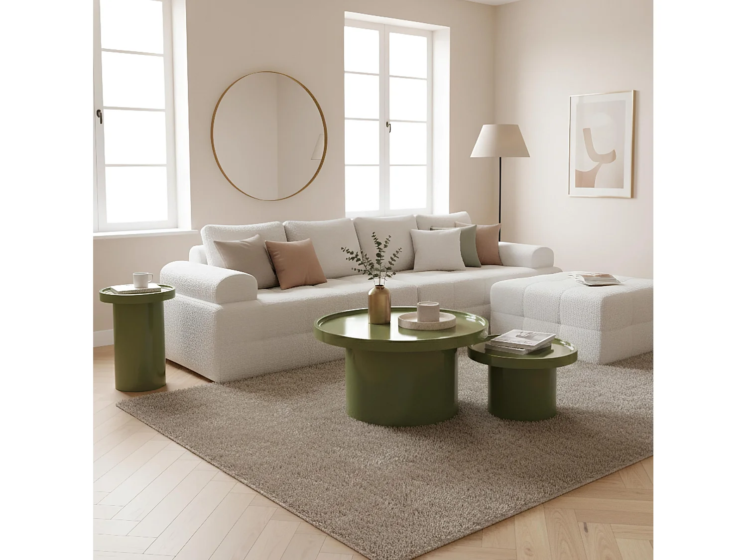 Lot de 3 tables basses rondes en MDF effet laqué vert olive