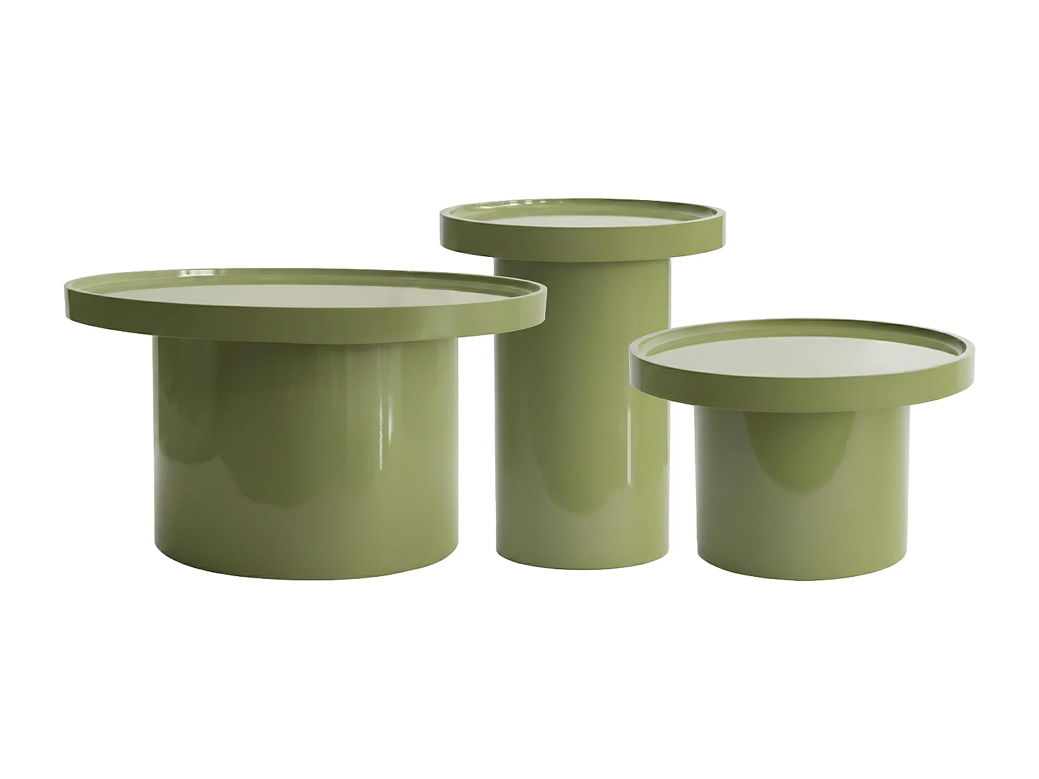 Lot de 3 tables basses rondes en MDF effet laqué vert olive