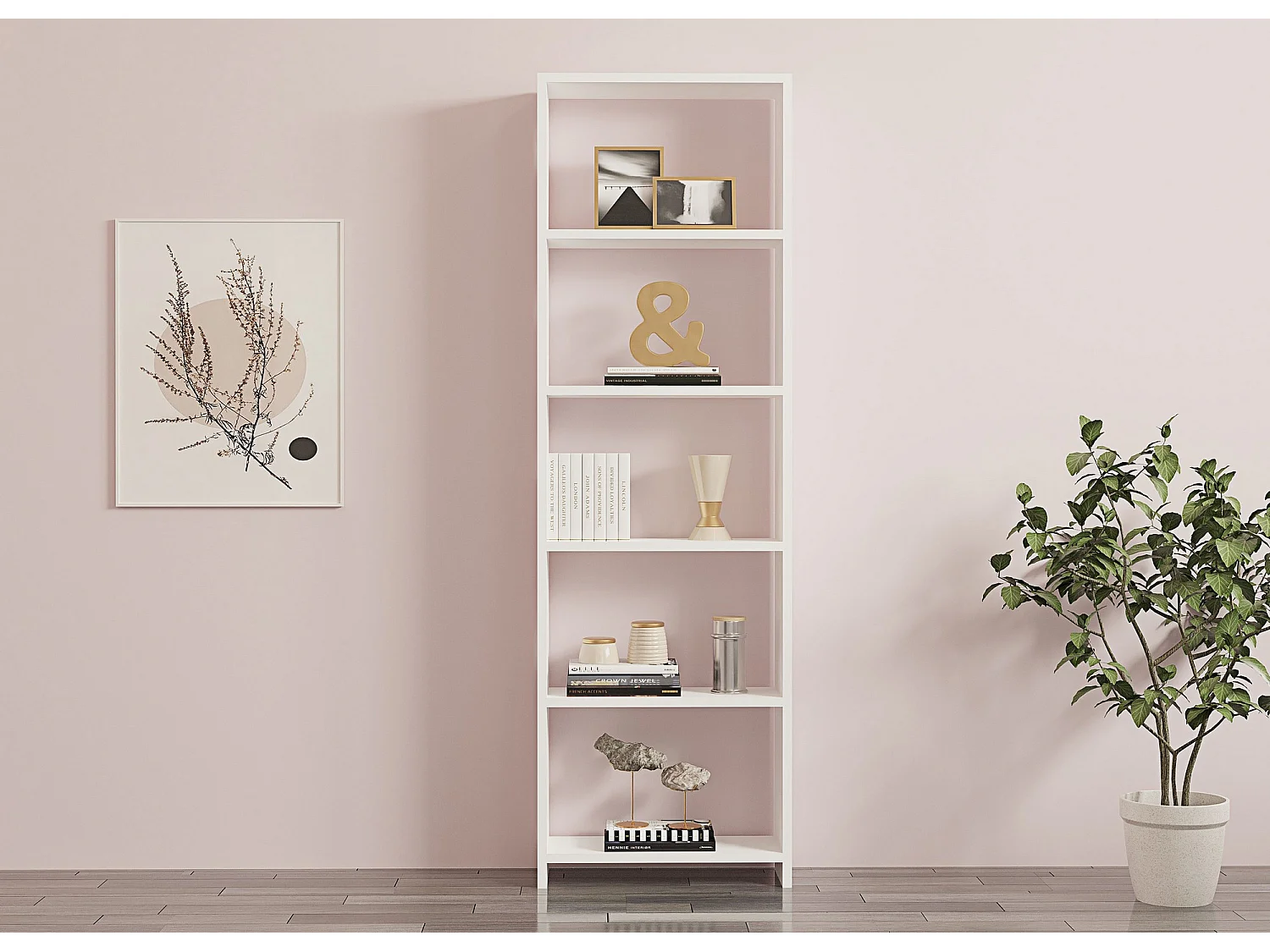 Libreria in legno bianco "New" 160x19x50 cm, 5 ripiani, stile scandinavo, pannello di truciolato melaminato