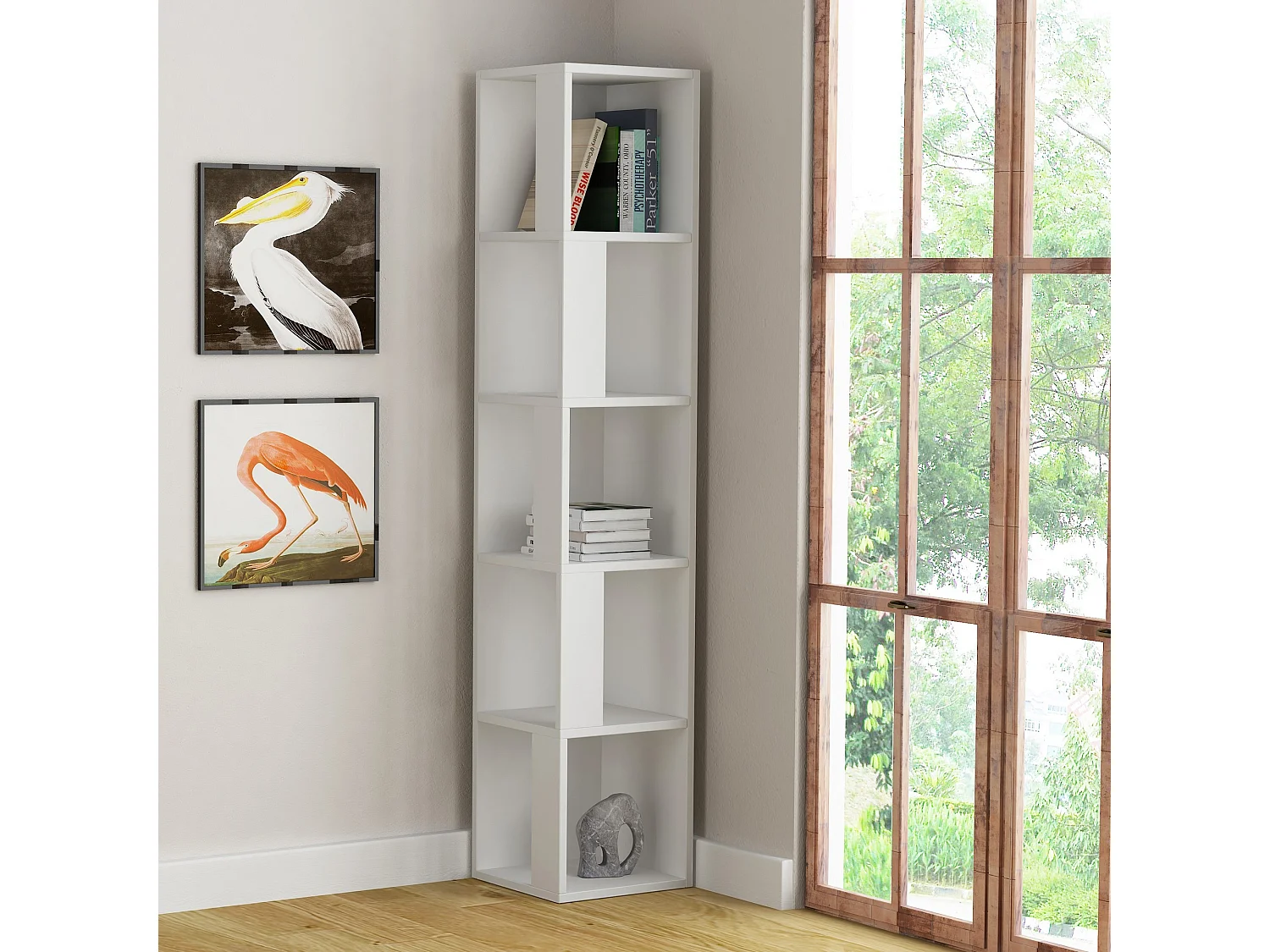 Modern vit träbokhylla "Piano" - 5.0 hyllor - 34 x 34 x 161 cm