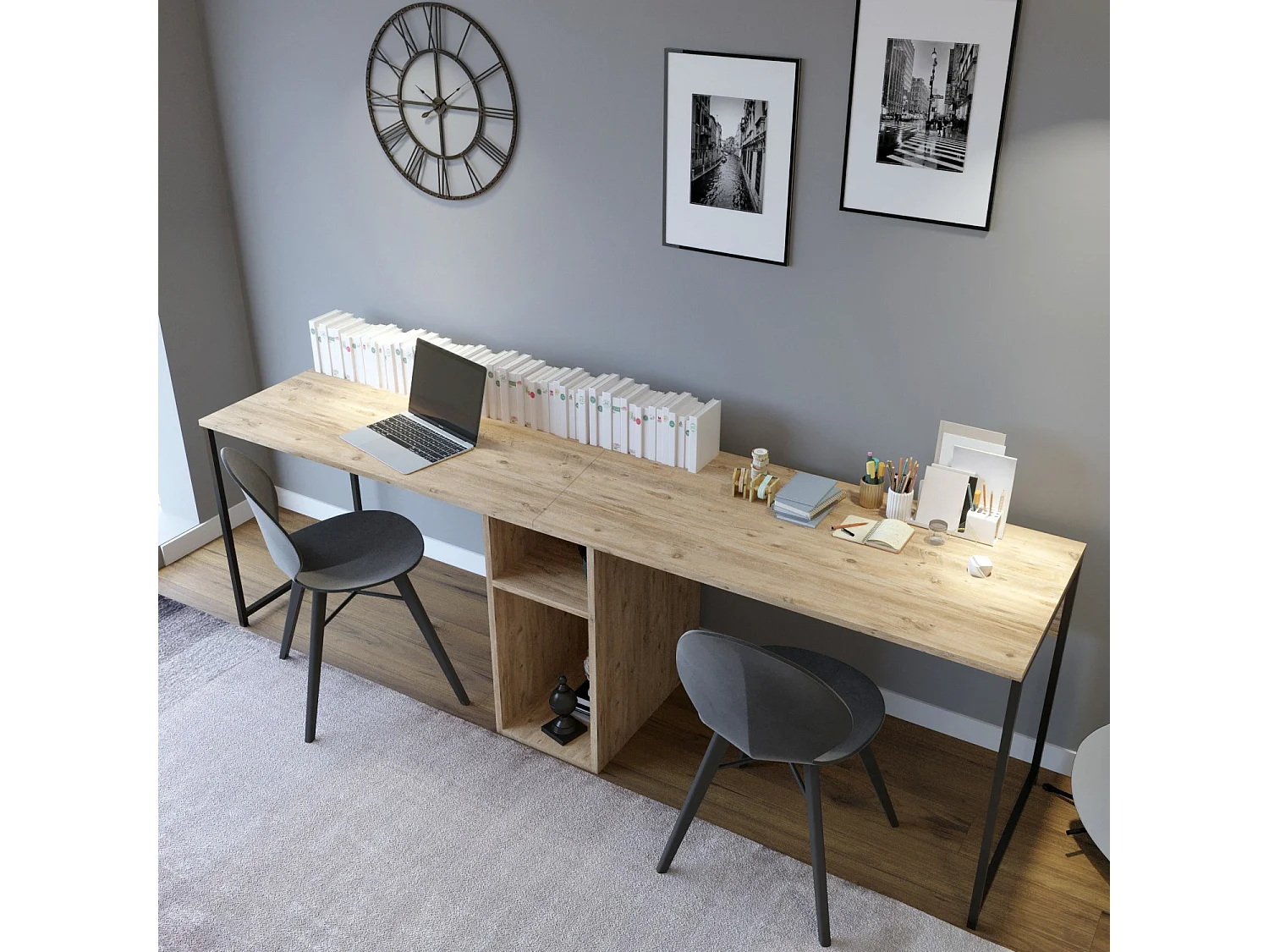 Bureau en bois "Ikili Calisma" - 240 x 60 x 74 cm - Pin atlantique Noir