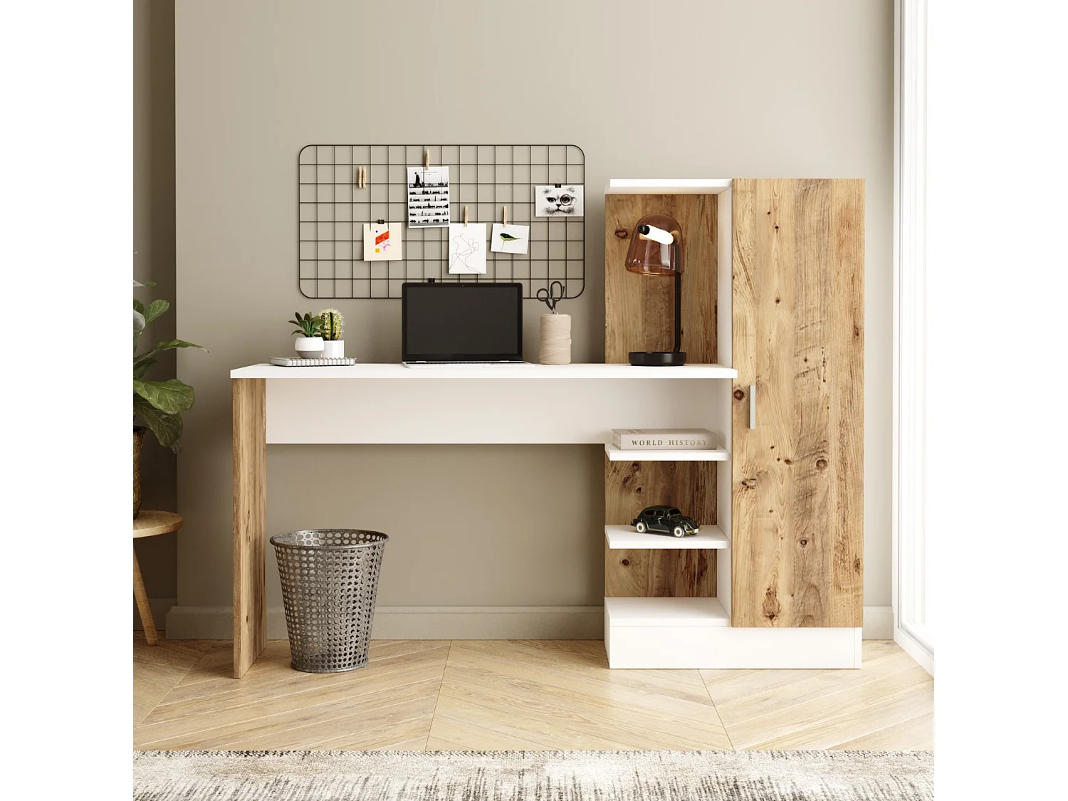 Moderne Witte Grenen Houten Bureau "CT2" met 4 Planken en 1 Deur - 152 x 40 x 120 cm