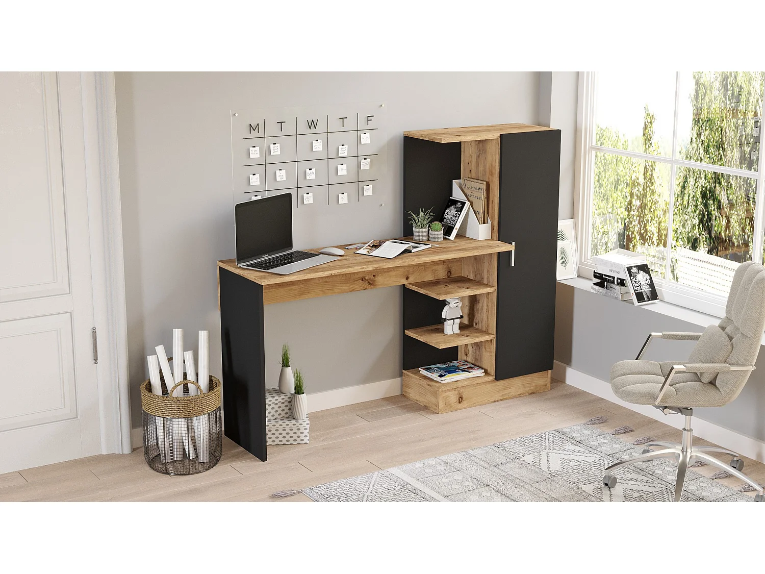 Moderne Zwart Grenen Houten Bureau "CT2" met 4 Planken en 1 Deur - 152 x 40 x 120 cm