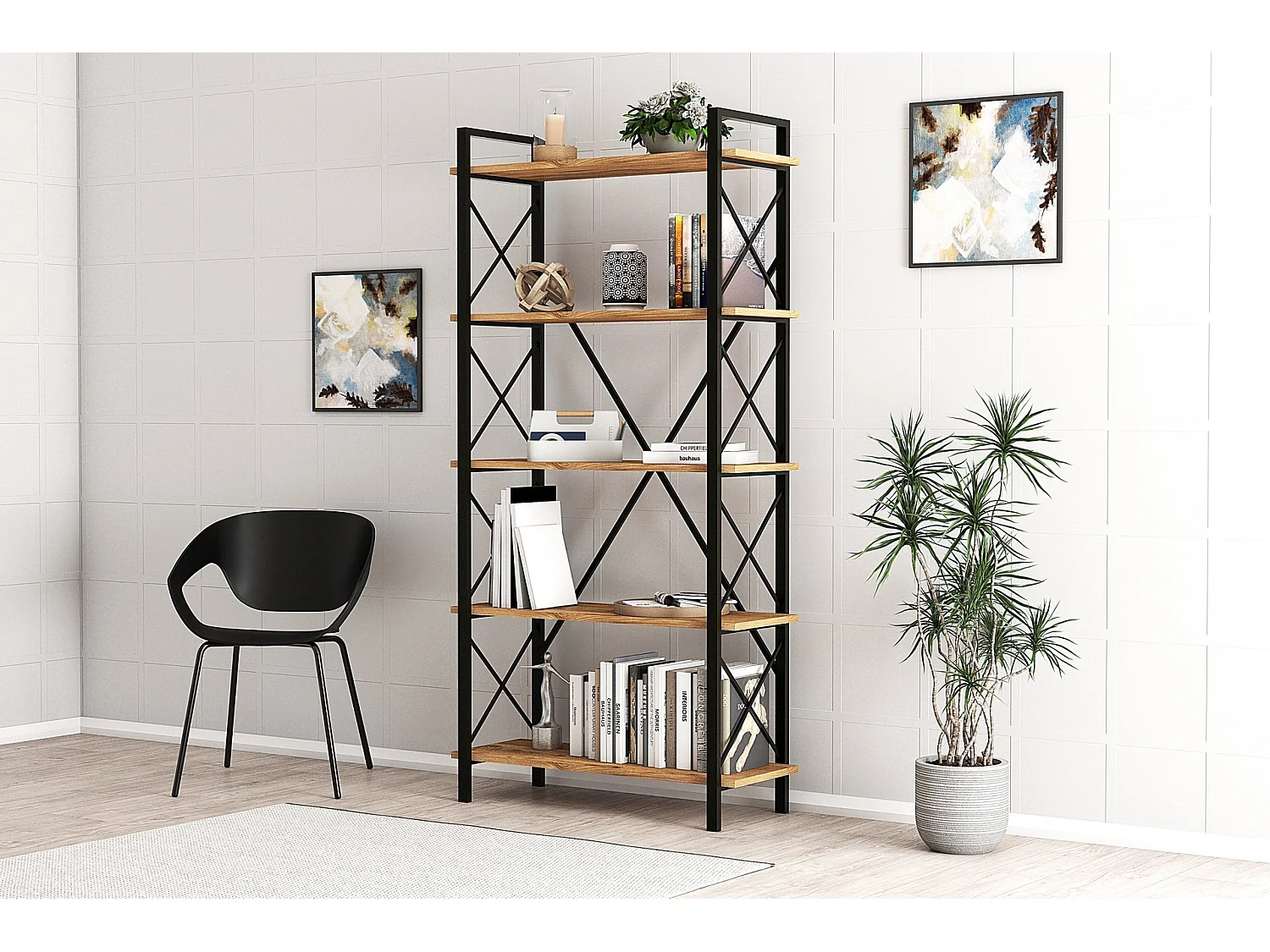 Bibliothèque en bois "Nero" - 90 x 33 x 180 cm - Pin atlantiqueNoir