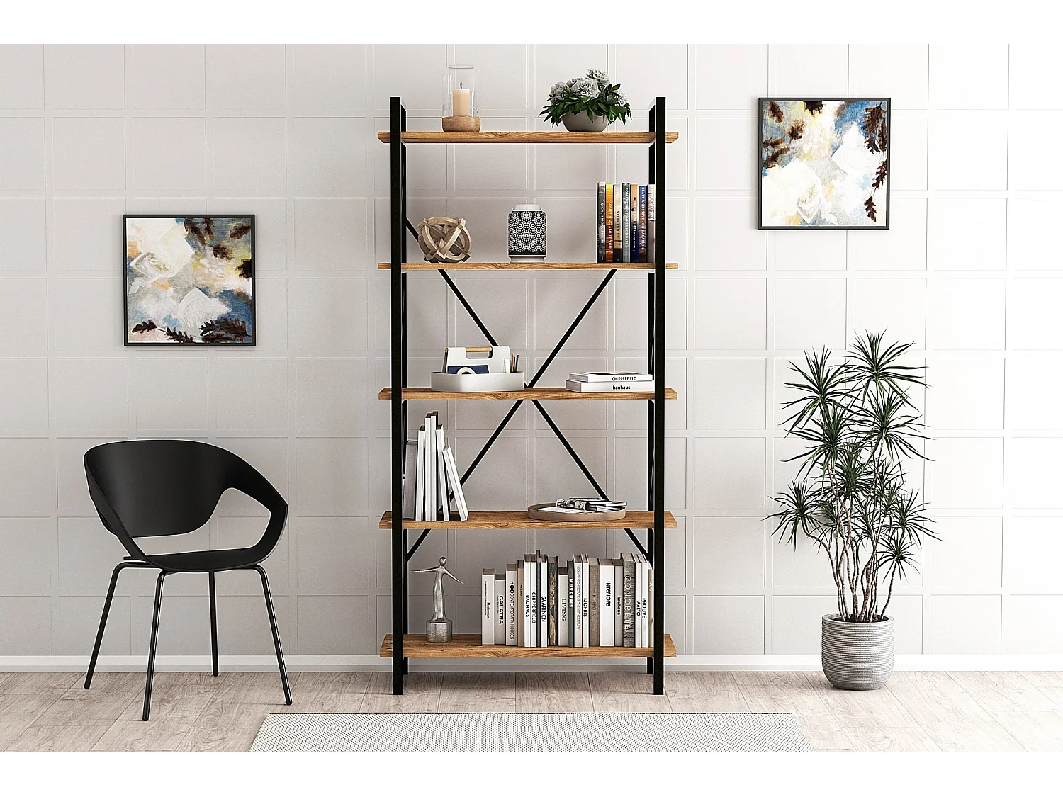 Regał drewniany Nero 90x33x180 cm z czarnego drewna sosnowego atlantyckiego, 5 półek, nowoczesny i solidny design