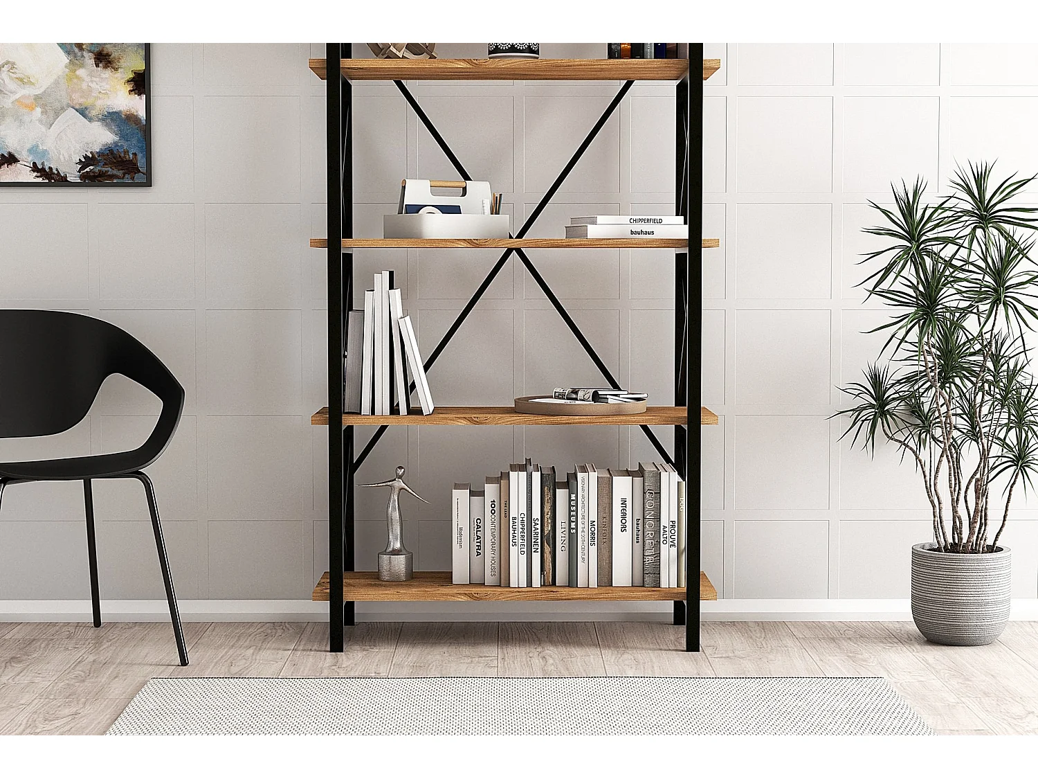 Regał drewniany Nero 90x33x180 cm z czarnego drewna sosnowego atlantyckiego, 5 półek, nowoczesny i solidny design