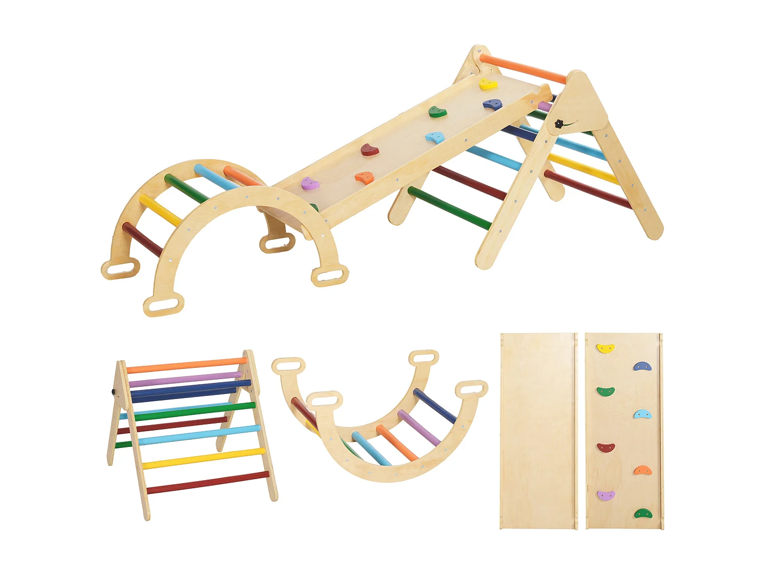 Ensemble d'escalade en bois 5 en 1 - triangle Pikler, arche, bascule, toboggan, rampe - panneaux bois pin