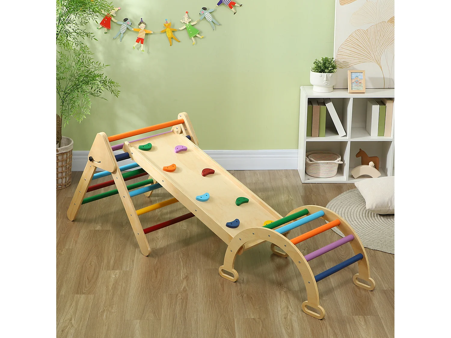 Ensemble d'escalade en bois 5 en 1 - triangle Pikler, arche, bascule, toboggan, rampe - panneaux bois pin