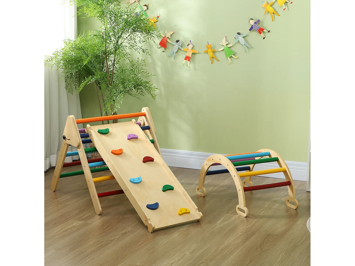 Ensemble d'escalade en bois 5 en 1 - triangle Pikler, arche, bascule, toboggan, rampe - panneaux bois pin