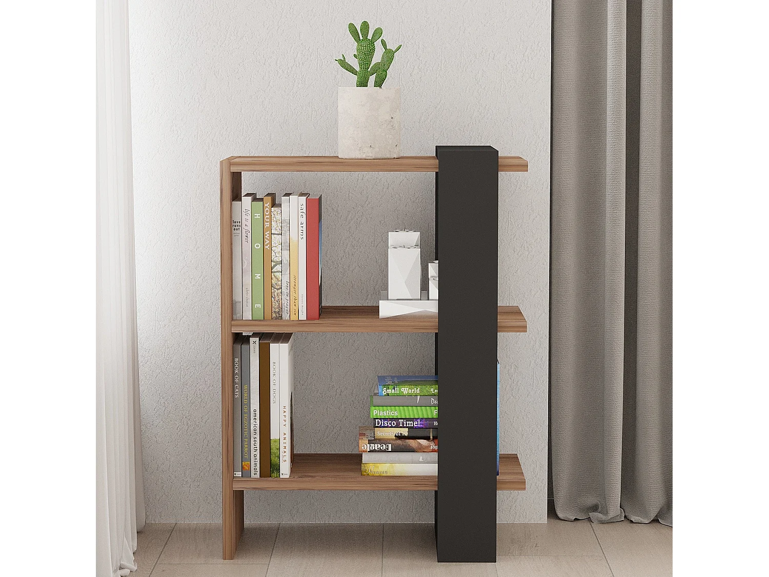 Boekenkast Ova van eikenhout antraciet 51x25x70 cm, 2 planken, Scandinavische stijl