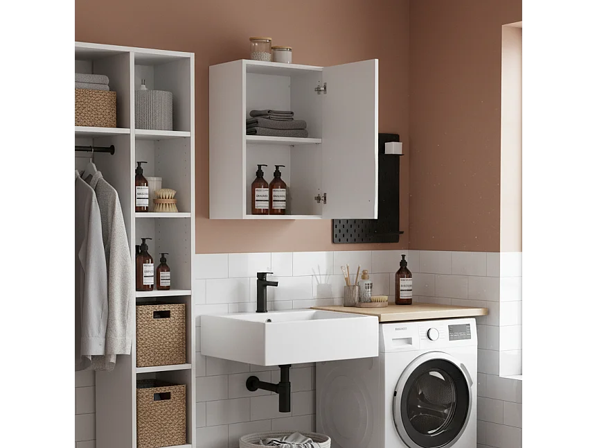 Meuble Mural 1 Porte Blanc Frêne 40×69×33 cm | Armoire Murale Gain de Place avec Étagère Réglable | Déjà Monté