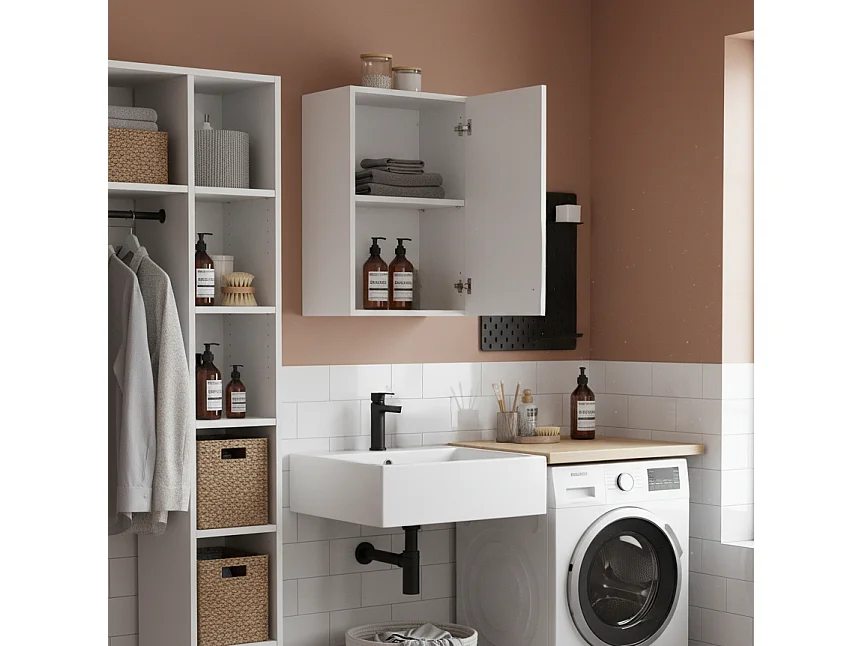 Armoire Murale 1 Porte Blanc Frêne | Meuble Suspendu Gain de Place avec Étagère Réglable | Préassemblé pour Salle de Bain, Cuisine, Buanderie et Entrée