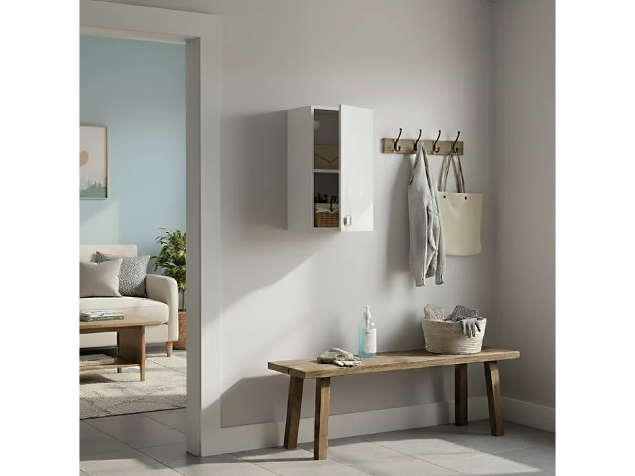 Armoire Murale 1 Porte Blanc Frêne | Meuble Suspendu Gain de Place avec Étagère Réglable | Préassemblé pour Salle de Bain, Cuisine, Buanderie et Entrée
