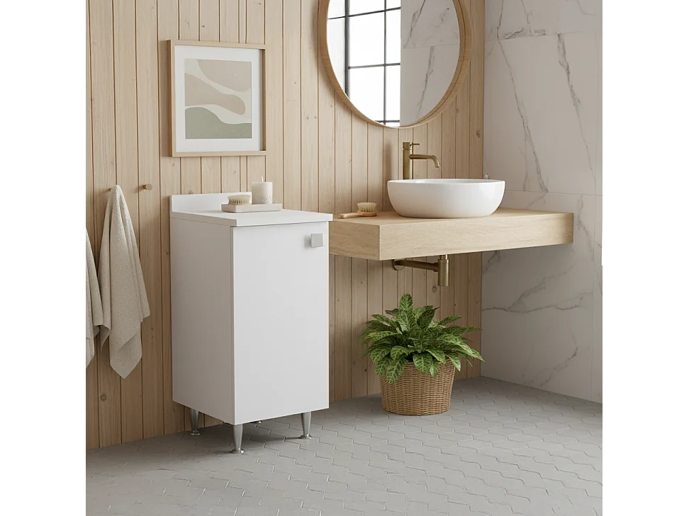 Meuble Bas 1 Porte Blanc | Armoire Moderne Gain de Place avec Étagère Réglable | Déjà Monté pour Salle de Bain, Buanderie, Entrée, Bureau