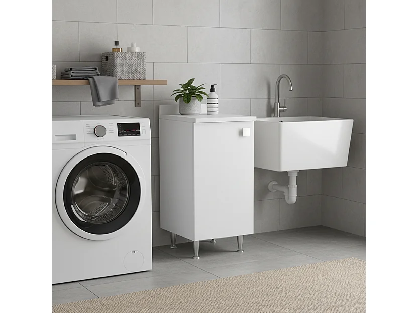 The White Stone Bas Skåp 1 Dörr Vit | Modern Platsbesparande Skåp med Justerbar Hylla | Förmonterad för Badrum, Tvättstuga, Hall, Arbetsrum och Balkong
