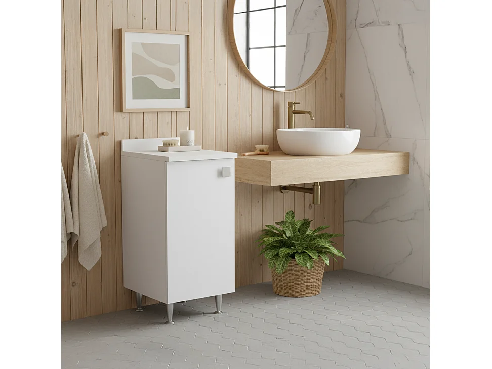 The White Stone Bas Skåp 1 Dörr Vit | Modern Platsbesparande Skåp med Justerbar Hylla | Förmonterad för Badrum, Tvättstuga, Hall, Arbetsrum och Balkong