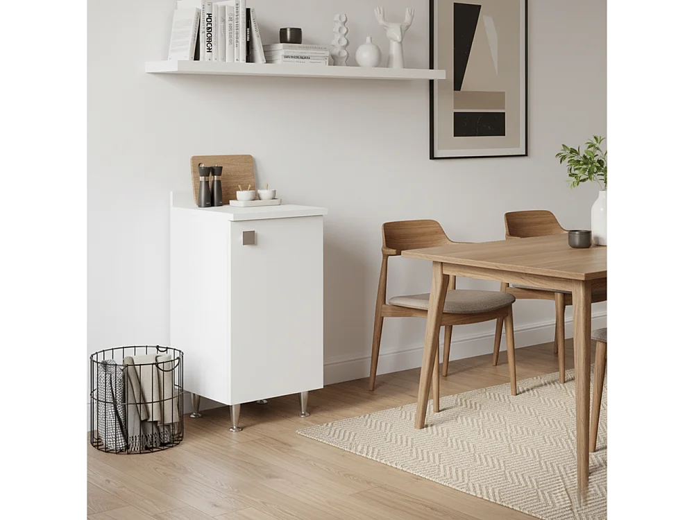 Meuble Bas avec Dosseret Blanc | Armoire Polyvalente avec Pieds en Métal et Étagère Réglable | Déjà Monté