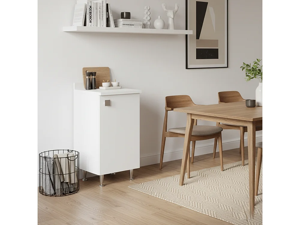Meuble avec Rebord Blanc | Meuble Multiusage avec Pieds en Métal et Étagère Réglable | Préassemblé pour Salle de Bain, Buanderie, Cuisine et Entrée