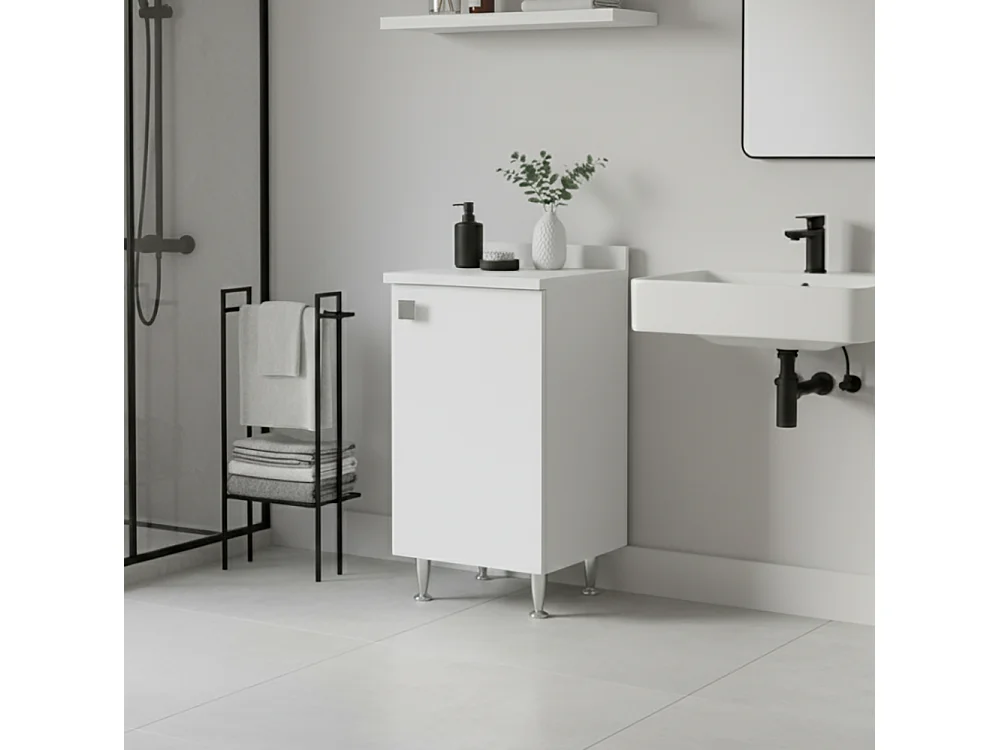 Meuble avec Rebord Blanc | Meuble Multiusage avec Pieds en Métal et Étagère Réglable | Préassemblé pour Salle de Bain, Buanderie, Cuisine et Entrée