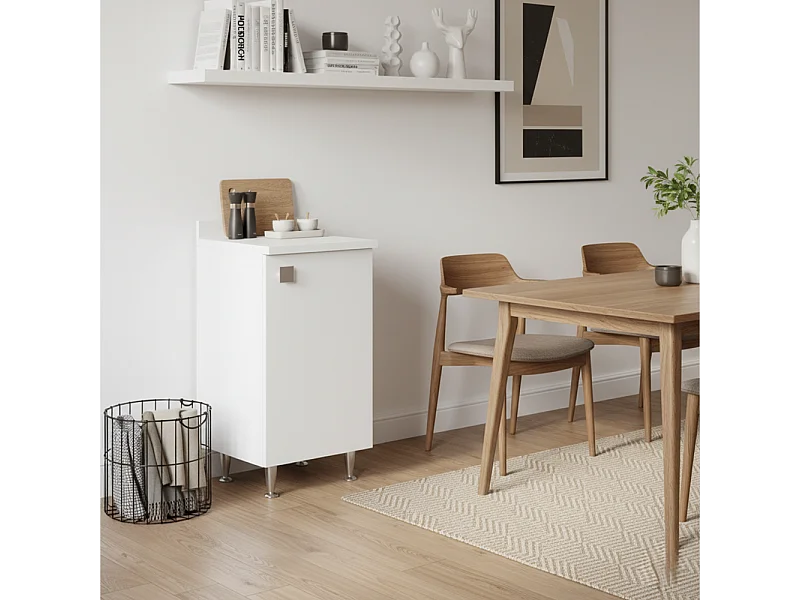 Meuble Bas avec Dosseret Blanc | Armoire Polyvalente avec Pieds en Métal et Étagère Réglable | Déjà Monté