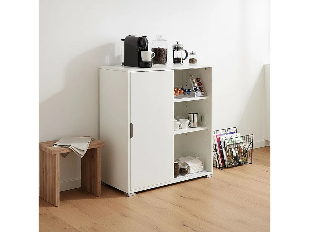 Unterschrank Weiß 2 Schiebetüren 75×85×38 | Platzsparend mit 2 Böden | Montiert für Wohnzimmer, Flur, Bad, Waschküche