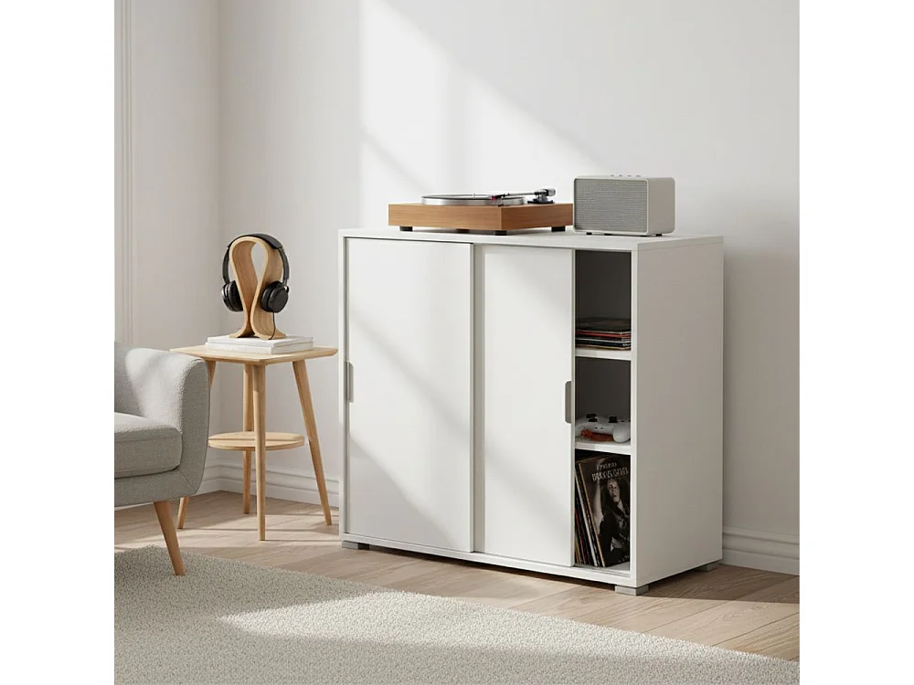 Meuble Bas 2 Portes Coulissantes Blanc | Préassemblé pour Salon, Entrée, Salle de Bain, Buanderie, Bureau et Chambre d’Enfant