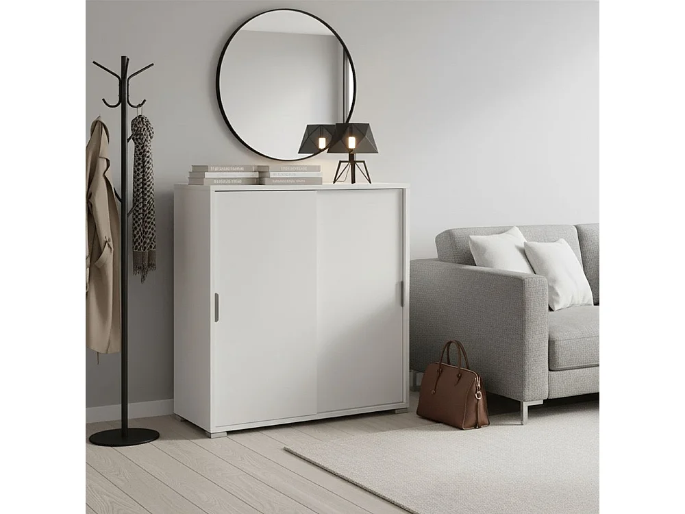 Meuble Bas 2 Portes Coulissantes Blanc | Préassemblé pour Salon, Entrée, Salle de Bain, Buanderie, Bureau et Chambre d’Enfant