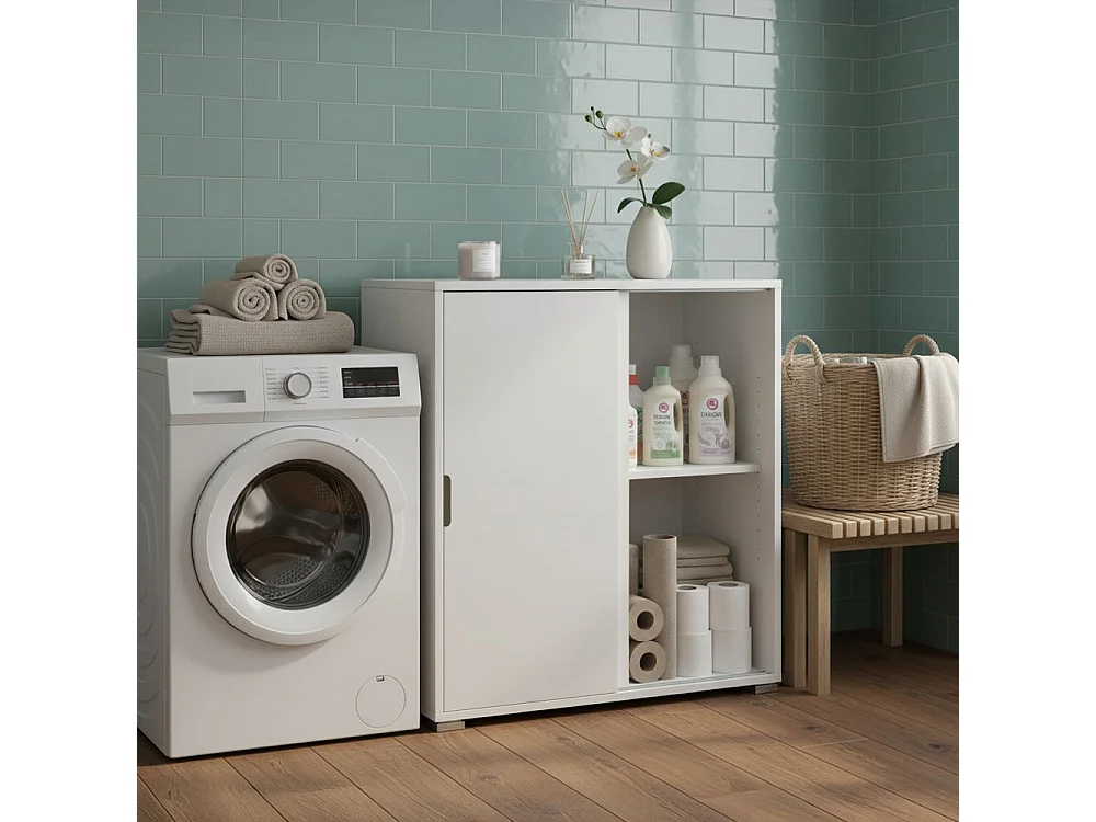 Meuble Bas 2 Portes Coulissantes Blanc | Préassemblé pour Salon, Entrée, Salle de Bain, Buanderie, Bureau et Chambre d’Enfant