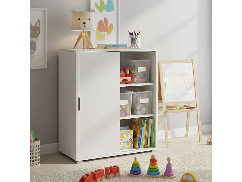 Meuble Bas 2 Portes Coulissantes Blanc | Préassemblé pour Salon, Entrée, Salle de Bain, Buanderie, Bureau et Chambre d’Enfant