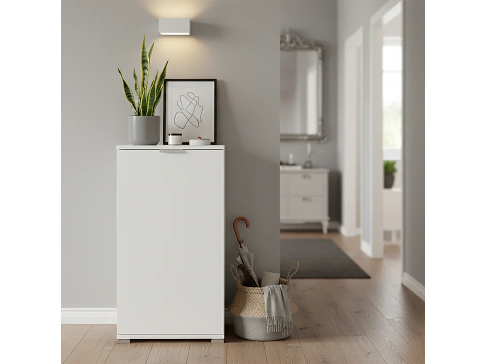 Meuble Bas 1 Porte Blanc | Armoire Gain de Place Moderne avec Étagère Réglable | Préassemblé pour Salle de Bain, Buanderie, Entrée, Bureau et Balcon