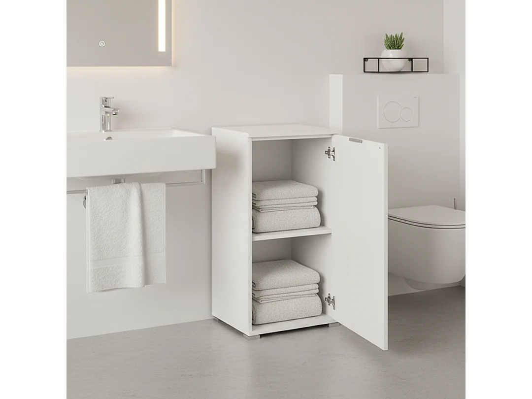 Meuble Bas 1 Porte Blanc | Armoire Gain de Place Moderne avec Étagère Réglable | Préassemblé pour Salle de Bain, Buanderie, Entrée, Bureau et Balcon