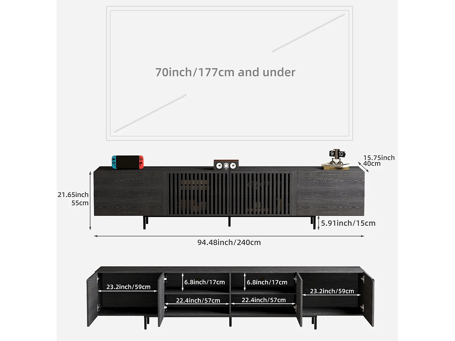 Meuble TV moderne 75 pouces, avec grand espace de rangement, console multimédia de 240 cm, pour salon et chambre, couleur noire