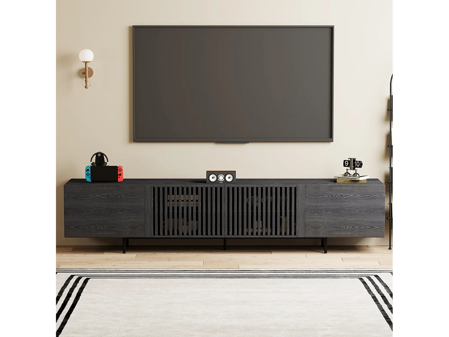Meuble TV moderne 75 pouces, avec grand espace de rangement, console multimédia de 240 cm, pour salon et chambre, couleur noire