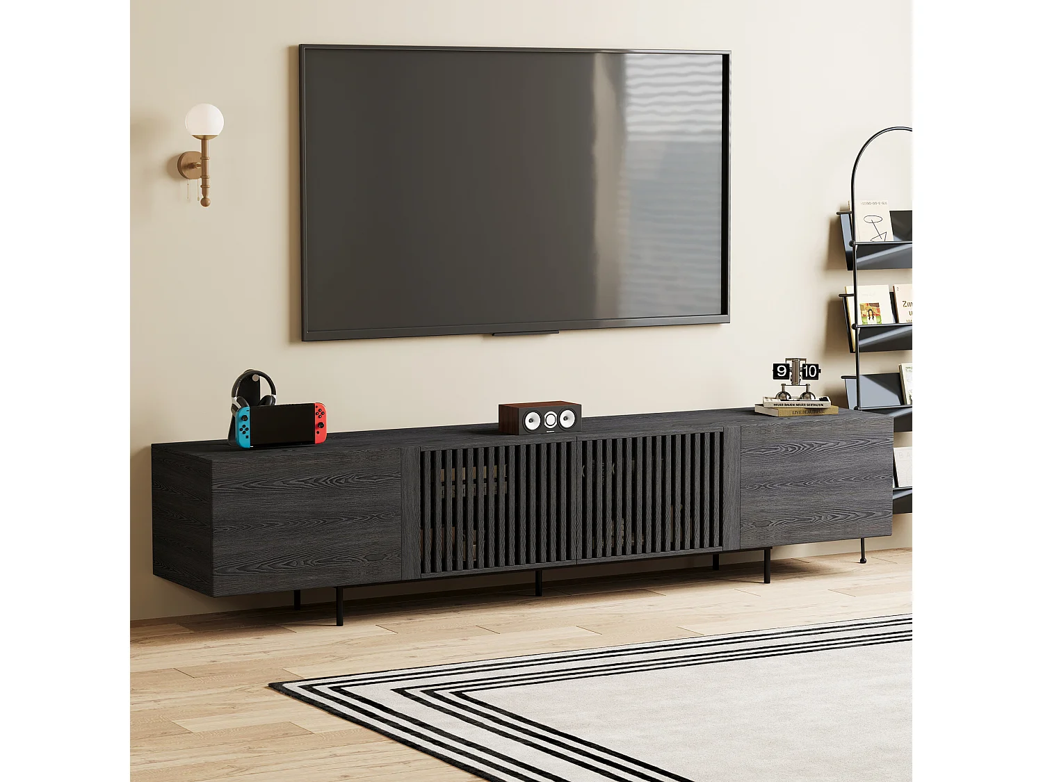 Meuble TV moderne 75 pouces, avec grand espace de rangement, console multimédia de 180 cm, pour salon et chambre, couleur noire