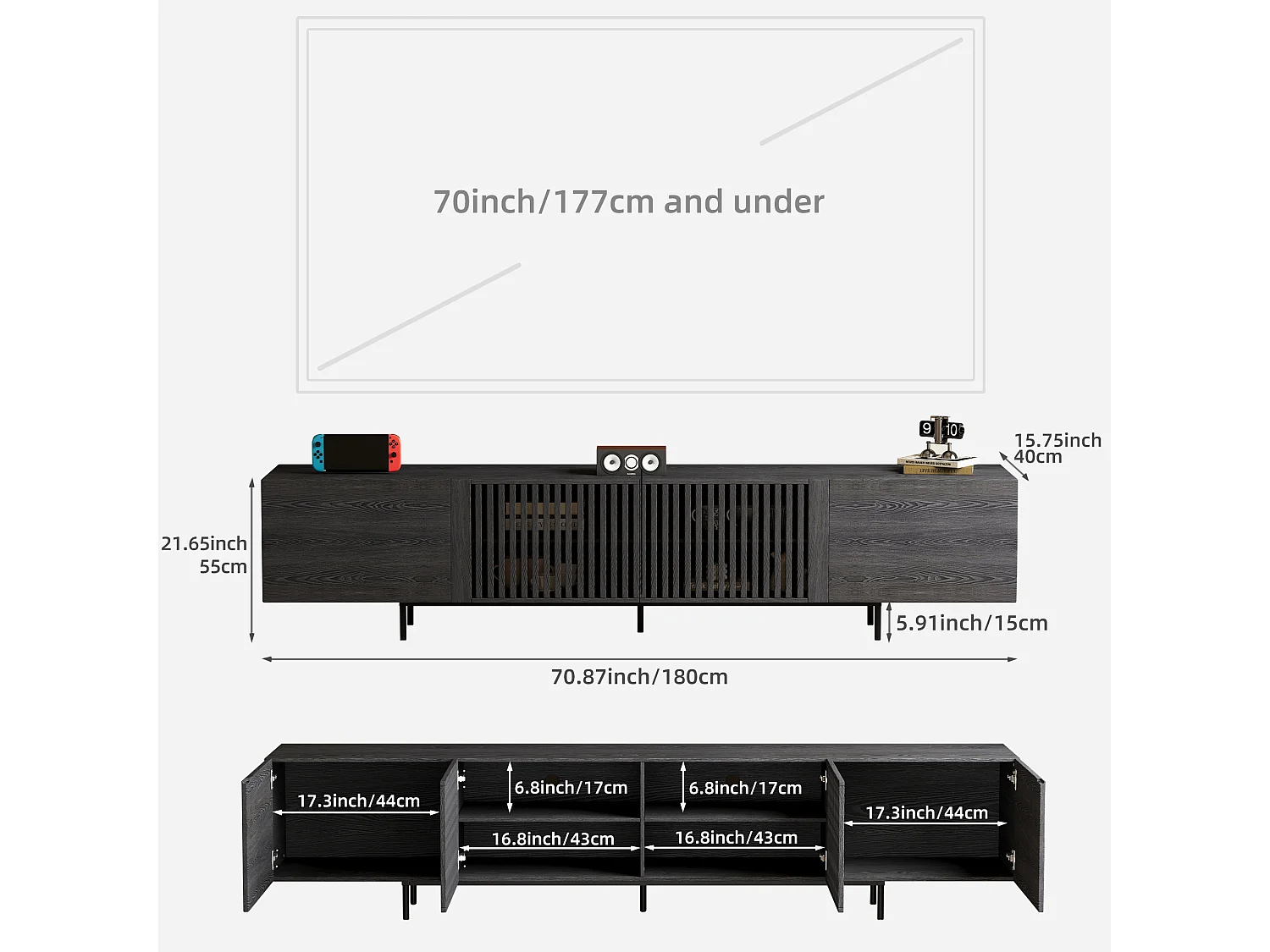 Meuble TV moderne 75 pouces, avec grand espace de rangement, console multimédia de 180 cm, pour salon et chambre, couleur noire